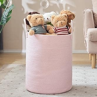 YOUDENOVA Woven Rope Laundry Hamper, 58L Tall Luandry Basket, Baby Nursery Hamper for Blanket Storage in Bedroom-Large-Pink