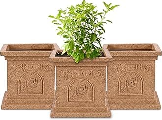 Heart Home Pack of 3 Plastic Tulsi Mancha For Home | 12 Inch Modern Tulsi Gamla/Planter Pot for Home Decor, Balcony & Garden | Marble Design-Beige