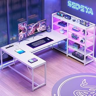 SEDETA White Corner Desk, 64.5” Reversible U Shaped Computer Desk with Power Outlet and Bookshelf, Corner Gaming Desk with LED Lights, Storage Shelves for Home Office