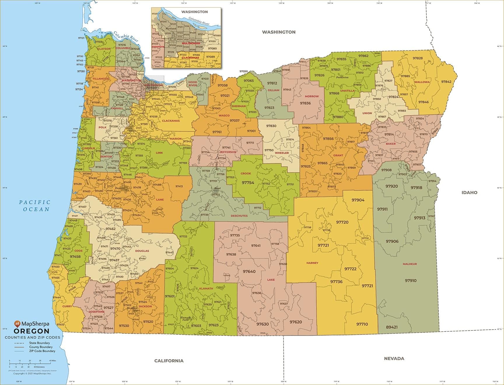 Oregon ZIP Code Map with Counties - Standard - 36" x 27.5" Paper