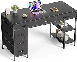 Huuger Computer Desk with 6 Drawers, Office Desk with Shelves, Reversible Gaming Desk, Corner Desk with Storage, Work for Home Office, Study, Living Room, 47inch, Black