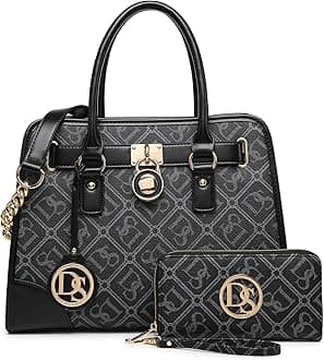 DASEIN Women Handbags Top Handle Satchel Purse Shoulder Bag Hobo Bag Work Bag Set 2pcs, 06 Monogrammed Black, Medium