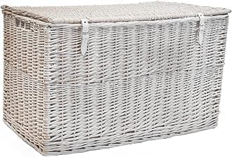 Arthur Cameron - Lightweight Wicker Storage Trunk, Storage Box with Lid & Leather Straps - Woven Chest, Basket, Large Wicker Basket with Lid (White Wash, Large)