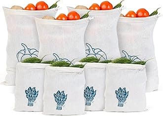FreshCotton Set of 8 Reusable Fridge Storage Bags for Vegetables and Fruits. Drawstring! Eco Friendly &Multipurpose use Bags (4 small & 4 LargeSize bags.)