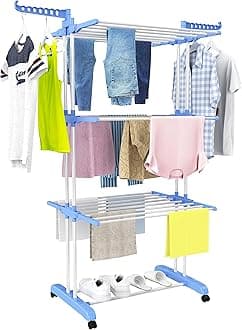 HOMIDEC Clothes Drying Rack, Large 4-Tier Foldable Drying Rack Clothing (67.7H x 19.7W x 30L Inches), Movable with 4 Castors. Multifunctional Stainless Steel Laundry Drying Rack, Blue