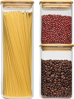 ComSaf Glass Food Storage Containers Set, 3 Pcs Airtight Clear Food Jars with Lids, Square Stackable Kitchen Canisters, Glass Jars for Spaghetti Pasta, Spice, Sugar, Candy, Tea, and Coffee Beans