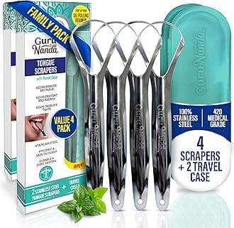GuruNanda Tongue Scraper for Adults (4-Pack) with Travel Case, 420 Medical Grade Stainless Steel, Aids in Fresh Breath & Oral Care - Travel-Friendly