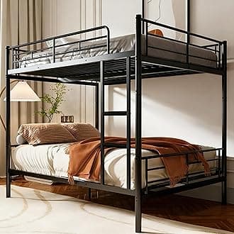 Mixcous Full Over Full Metal Bunk Bed for Adults & Kids, Convertible to 2 Separate Full Size Beds, Heavy Duty Bunk Bed Frame with Full-length Guardrail & EVA Padded Ladder, No Box Spring Needed, Black