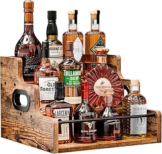 KLM Liquor Bottle Display Shelf, Coffee Syrup Rack Organizer, 3 Step Countertop Liquor Wine Rack, mini bar,liquor cabinet, Home Retro Bar Shelf Stand for Liquor Whiskey, Spirits