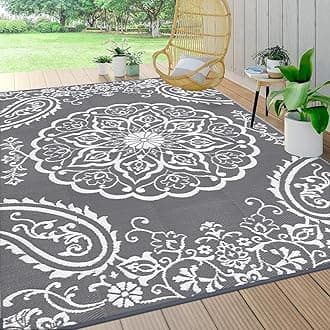 Pauwer Waterproof Outdoor Rug 10x14, Reversible Plastic Straw Patio Camping Rug, Indoor Outdoor RV Mat Carpet for Deck, Camper, Porch, Balcony, Backyard, Picnic, Boho Grey