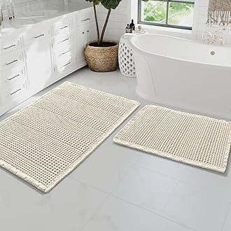 Waffle Bath Mat Super Absorbent Bathroom Mats Non Slip Bath Rugs for Bathroom Floor Machine Washable Ultra Soft Bathroom Rugs for Beside Tub, (32 x 20 Plus 24 x 17 - Inches, Ivory)