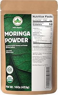 U.S. Wellness Naturals Moringa Powder 1LB (16Oz) 100% Certified Organic Oleifera Leaf - (100% Pure Leaf | NO Stems) - Raw from India | Smoothies | Drinks | Tea | Recipes - Resealable Bag