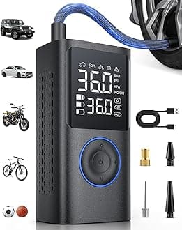 Tire Inflator Portable Air Compressor, 150 PSI Cordless Bike Pump, Air Pump for Auto, Motorcycle, Bicycle, Balls with Pressure Gauge, LED Light & Car Accessories, Blue, Standard Capacity