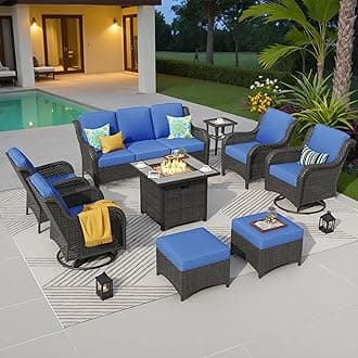 ovios 9 Pieces Patio Furniture Set with 30 inch Fire Pit Table, Outdoor Wicker Sofa Couch Swivel Rocking Glider Chairs, Modern Luxury Conversation Set, Brown Wicker, Navy Blue