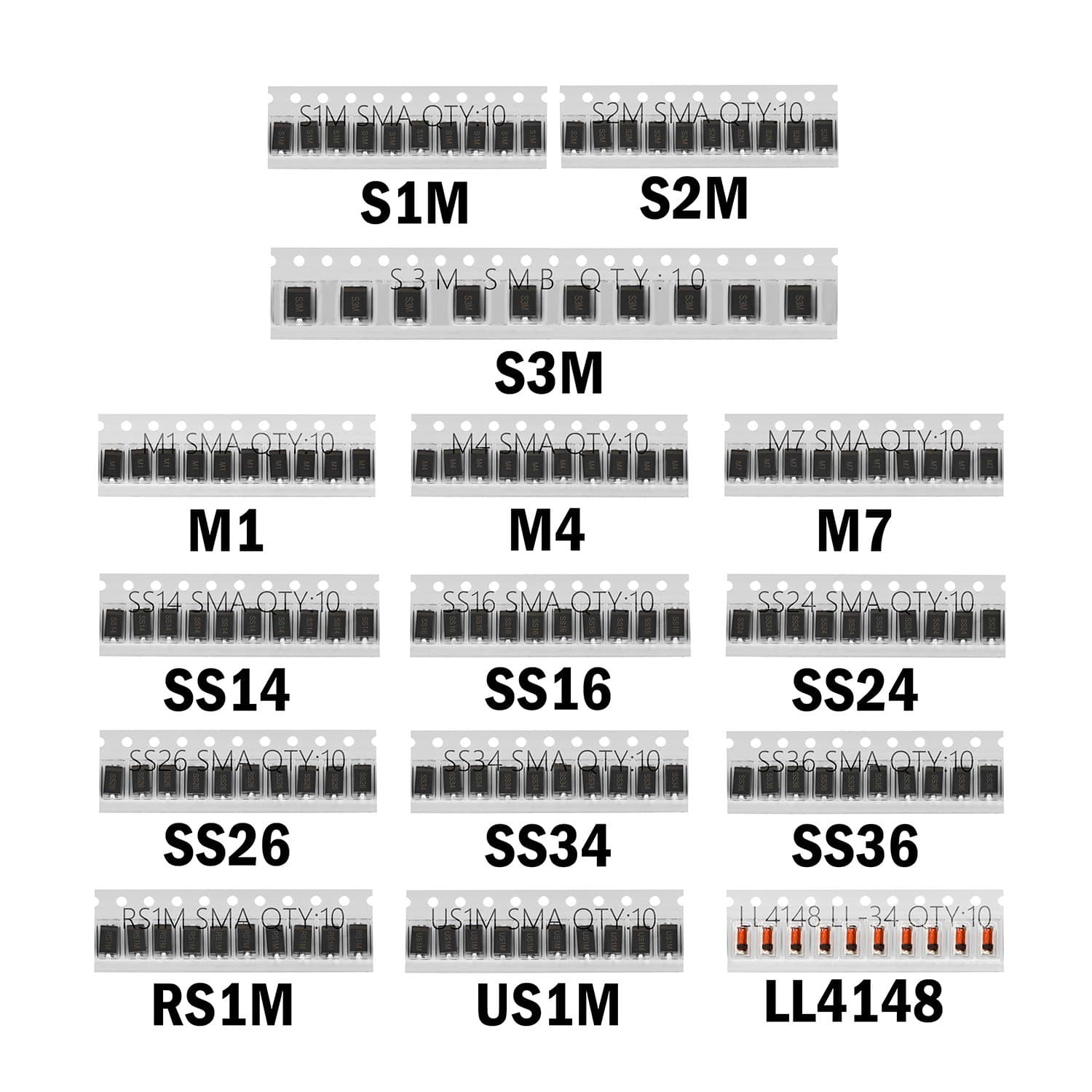 Chanzon SMD Fast Switching/Schottky/Rectifier Diode Assorted Kit (15 Values Total 150pcs: M1 M4 M7 S1M S2M S3M SS14 SS16 SS24 SS26 SS34 SS36 RS1M US1M LL4148) Electronic Component Assortment Set