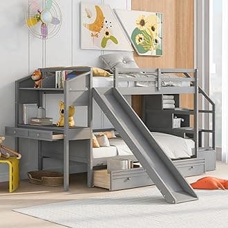 Twin Over Twin Bunk Bed with Storage Staircase and Slide, Wooden Bunk Bed Frame with Desk and Drawers, Multifunctional Bunk Bed for Kids Teens Adult Bedroom (Gray + Pine-Twin-04)