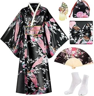 PLULONJapanese Kimono Robe Geisha Yukata Dress Peacock Blossom Satin Bathrobe with Accessories for Women