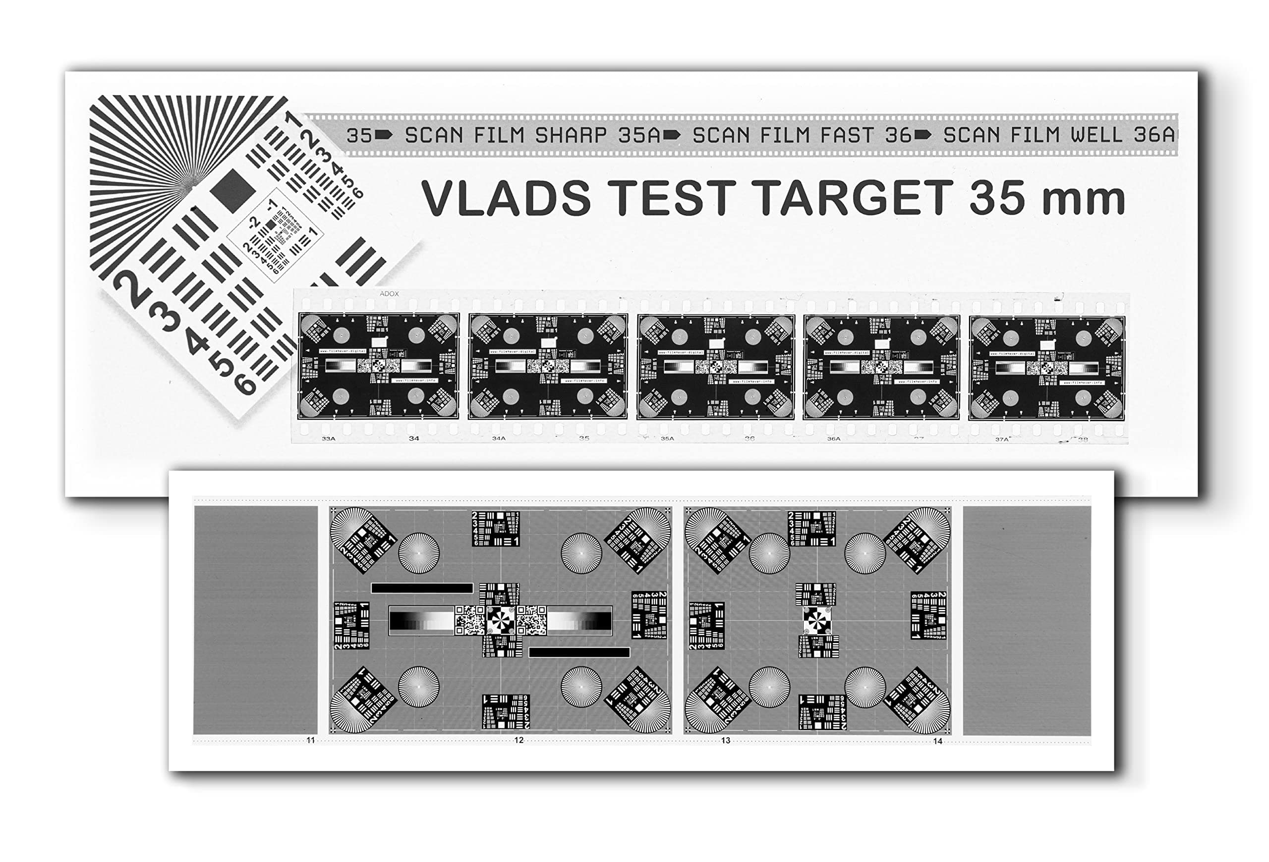 Vlads Test Target 35 mm Hi-Res (5 Frames) and Type 120 Target and Focusing Aid Combo for DSLR/mirrorless Film Scanning.