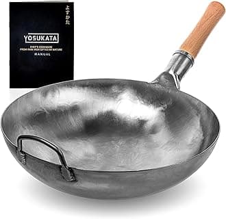 YOSUKATA 36 cm Round Bottom Carbon Steel Woks and Stir Fry Pans – Unseasoned Pow Wok for Stir Fry, BBQ, Grill & Camping – Hand-Hammered Traditional Japanese and Chinese Pan – Gas Stove, Open Fire Only