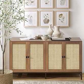 ZLWJGY Rattan Sideboard Buffet Cabinet, Walnut Storage Credenza Accent Cabinet with 4 Doors, 59" Large Mid Century Modern Console Table for Kitchen, Living Room and Dining Room