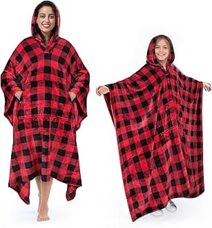 Tirrinia Buffalo Plaid Hooded Poncho Blanket, Fleece Wearable Throw Wrap with Hood and Pocket, Warm Cozy Soft for Adult Women Men Kids, Indoor or Outdoor