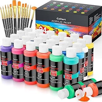 Caliart Acrylic Paint Set With 12 Brushes, 24 Colors (120ml, 4oz) Art Craft Paints for Adults Artists Beginners Painters, Canvas Ceramic Wood Rock Painting Art Supplies Kit