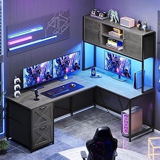 L Shaped Gaming Desk, Reversible Computer Desk with Fabric Drawers and Power Outlet, Gaming Desk with Led Lights, Hutch and Storage Shelf for Home Office, Grey