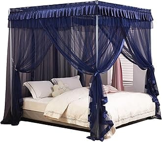 Mengersi Canopy Bed Curtains Bed Canopy Royal Luxurious Cozy Drapes Netting- Elegant Bed Sheer Bedroom Decoration Accessories for Adults(Navy Blue,Queen)