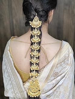 Karatcart Handcrafted Gold Plated Pearl and Kundan Studded Bridal Wedding Hair Braid Choti