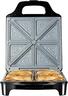 4 Slice Deep Fill Sandwich Maker with Extra-Deep, Non-Stick Ceramic Coated Plates, Automatic Temperature Control, 1600W, Black, T27021