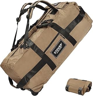 STOVER 80L Rolling Duffel Bag with Wheels, Extra Large 31 Inch Durable Travel Duffle Bag- Rugged, Collapsible, Rollable Design w/Shoulder Straps- Use as Luggage or Backpack for Men/Women, Tan, 80L