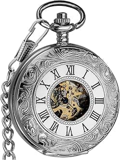 Vintage Hand Wind Up Pocket Watches for Men, Mechanical Pocket Watch with Chain, Mens Skeleton Pocketwatch