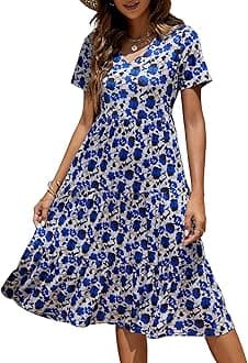 Berydress Women's Casual Summer Tiered Midi Dress 2025 Short Sleeve V-Neck Loose Cotton Ruffle Babydoll Dress Boho Sundress