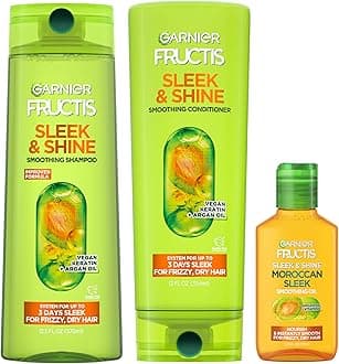 Fructis Sleek & Shine Shampoo, Conditioner + Moroccan Sleek Oil Set for Frizzy, Dry Hair, Argan Oil (3 Items), 1 Kit (Packaging May Vary)