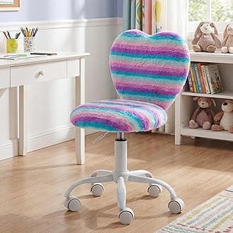 Small Desk Chair Swivel Kids Office Chair Fuzzy Student Computer Task Chair Faux Fur Vanity Chair Cute Heart Chair for Girls Boys Bedroom, Rainbow