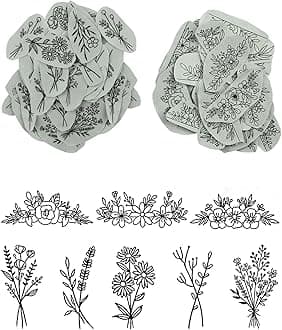 YUYUZSEN 44 Pcs Water Soluble Hand Sewing Stabilizers，Embroidery Stick and Stitch Embroidery Paper Wash Away，for Embroidery Stabilizers Flower Patterns，for Hand Sewing Lover Beginners（Plants Flowers)