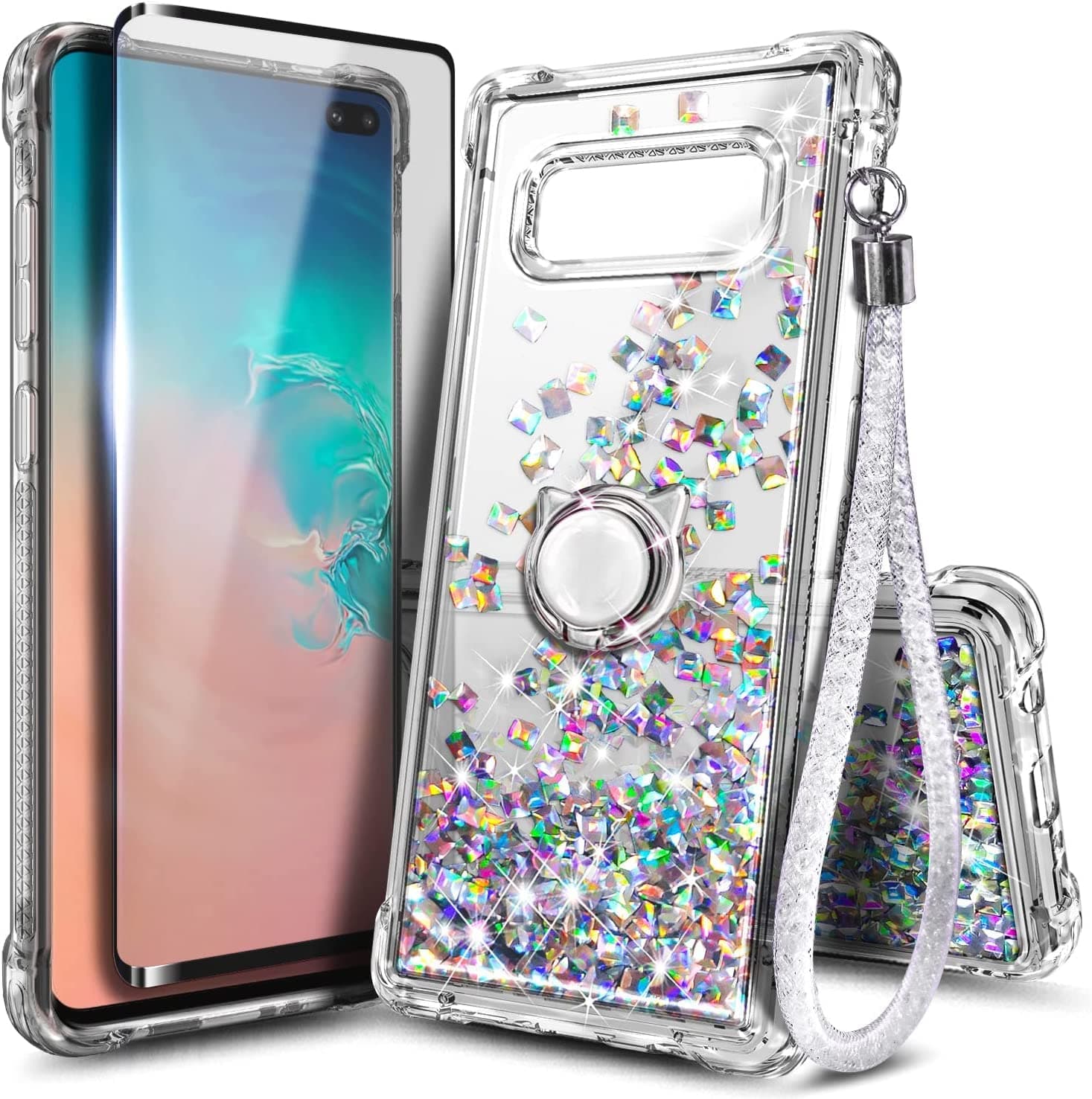 Compatible with Samsung Galaxy S10 Plus Case with Screen Protector (Maximum Coverage Flexible TPU Film)/ Ring Holder/Wrist Strap, Sparkle Glitter Liquid Girls Women Kids Cute Case -Clear Gem