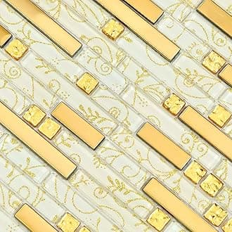 Modern Glass Metal Linear Wall Tile White and Gold Ribbon Mosaic
