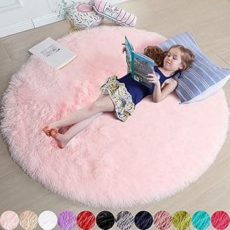 Pink Round Rug for Bedroom,Fluffy Circle Rug 5'X5' for Kids Room,Furry Carpet for Teen Girls Room,Shaggy Throw Rug for Nursery Room,Fuzzy Plush Rug for Dorm,Pink Carpet,Cute Room Decor for Baby
