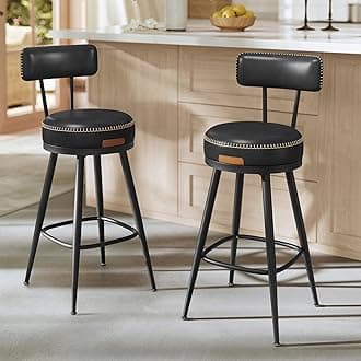 EKHO Collection - Bar Stools Set of 2, Swivel Counter Height Bar Stools with Back, Synthetic Leather with Stitching, Mid-Century Modern, 25.6-Inch Tall Barstools for Kitchen Bar, Ink Black