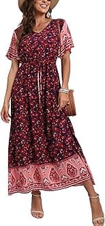 GRECERELLEWomens Summer Maxi Boho Beach Dress Floral Print Dress V Neck Short Sleeve Drawstring High Waist Flowy Long Midi Dresses
