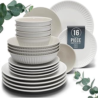16-Piece Dinnerware Set - Bowl and Plate Set - Stoneware Dining Set for 4 People - Dishwasher and Microwave Safe - Grooved Dining Service in Light Grey