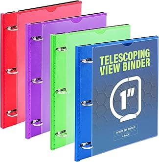 1 Inch Telescoping 3 Ring Binder 4 Pack, Expandable Flexible Binder with Customizable Front Cover & Clear Catalog Pocket, Holds 225 Sheets, Assorted Colors, School Office Supplies