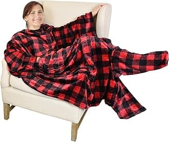 CataloniaWearable Fleece Blanket with Sleeves and Foot Pockets for Adult Women Men, Micro Plush Comfy Wrap Sleeved Throw Blanket Robe Large, Red Checker Plaid