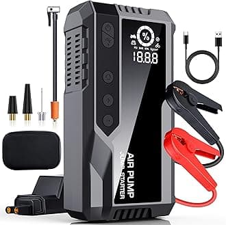 4000A Portable Car Jump Starter with Air Compressor, 150PSI Car Battery Jump Starter Battery Pack (12.0L Gas/12.0L Diesel), 12V Car Battery Jump Starter with Smart Jumper Cables, Lights, LCD Display