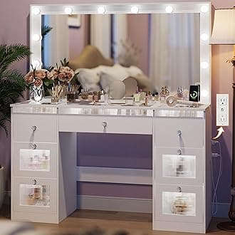 IFSEB Vanity Desk with Mirror and Lights 3 Colors, Glass Top Vanity with 7 Lighted Drawers & Power Outlet, Makeup Desk with Mirror for Women, Dressing Table for Bedroom, White