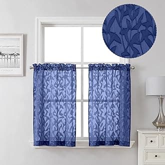 Lecloud Leia Dusty Blue Sheer Kitchen Curtains 36 Inch Length 2 Panels, Breathable Jacquard Textured Voile Curtain Tiers for Bathroom Bedroom, Dual Rod Pockets Window Treatments, 40 W x 36 L