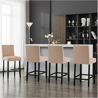 26'' Faux Leather Bar Stools Set of 4, Modern Upholstered Bar Chairs with Back, Soild Wood Legs Barstools for Kitchen Island, Light Brown
