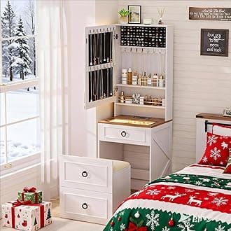 Lvifur 3-in-1 Vanity Desk with Mirror and Lights, Small Compact Makeup Vanity Set with Hidden Storage Stool, Modern Glass Top Dressing Table with Wheels & Charging Station (White)