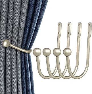Curtain Holdback, 4 Pcs Wall Mounted Drapery Tiebacks with Screws, Heavy Duty Metal Decorative Window Drapery Holder Curtain Hook, Silver